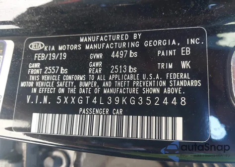 2019 Kia Optima S z USA, uszkodzony, nr VIN 5XXGT4L39KG352448